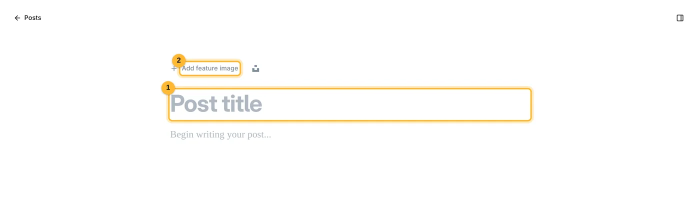 Blank Ghost editor with the post title and Add feature image marked