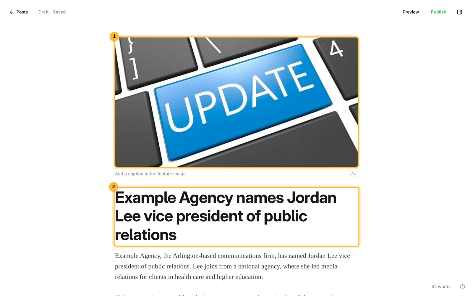 Editor with an UPDATE photo as the feature image, a headline and two paragraphs