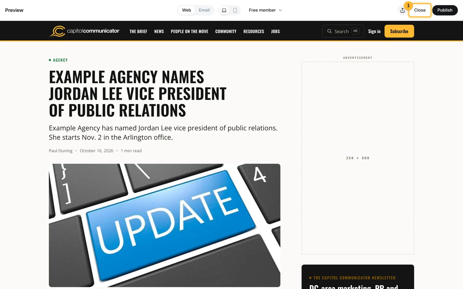 Preview of the story in the Capitol Communicator design, with Close marked
