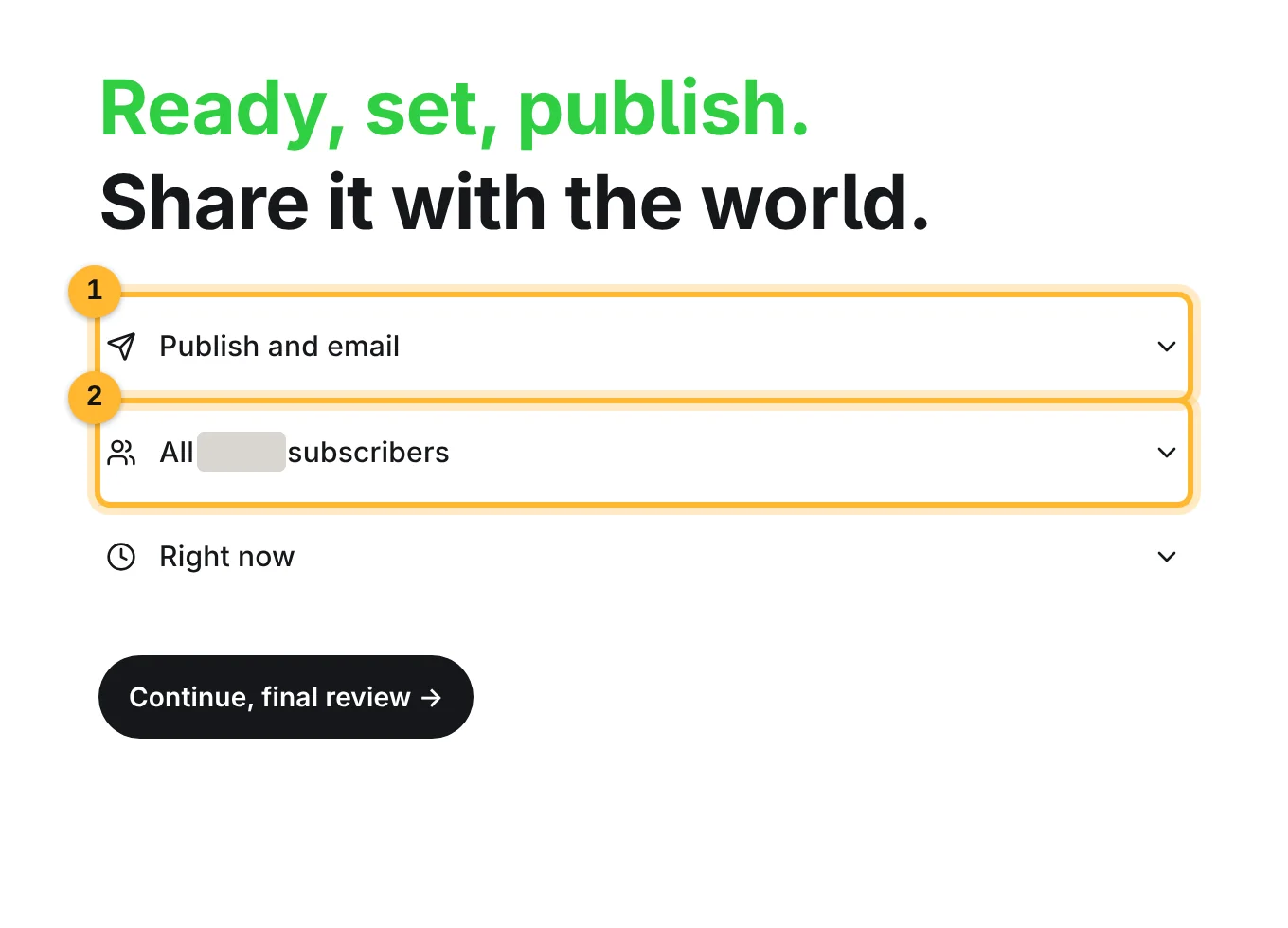 Publish screen showing Publish and email to all subscribers