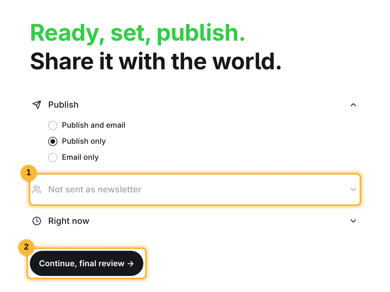 Publish screen showing Publish only and Not sent as newsletter