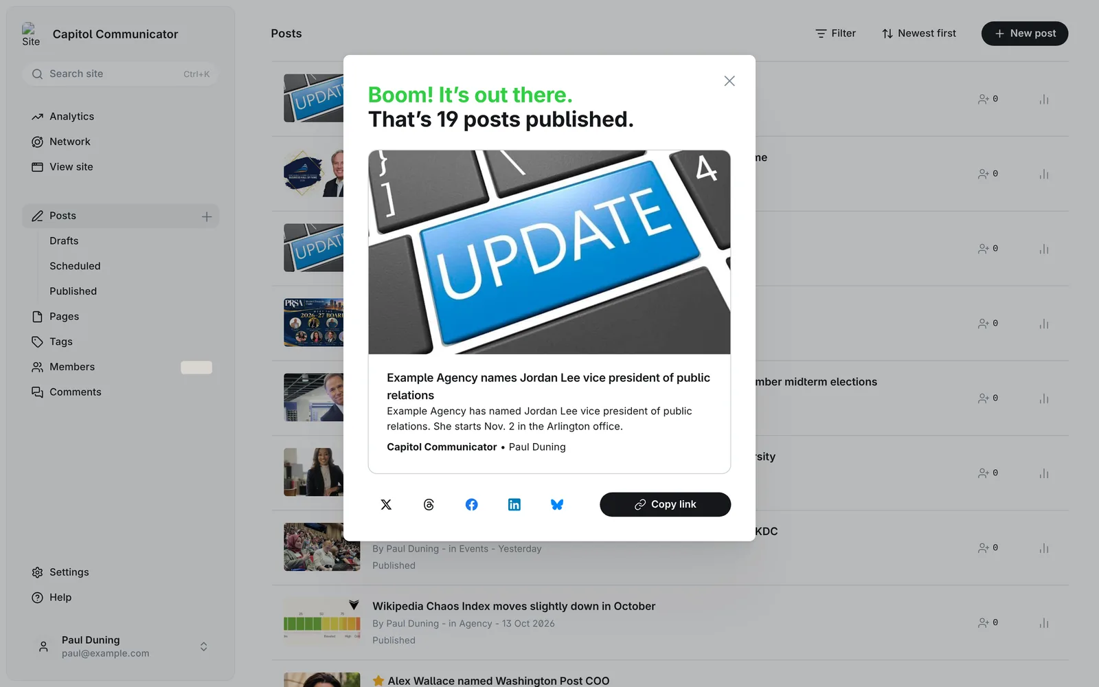 Confirmation that the post is out, with share buttons and Copy link