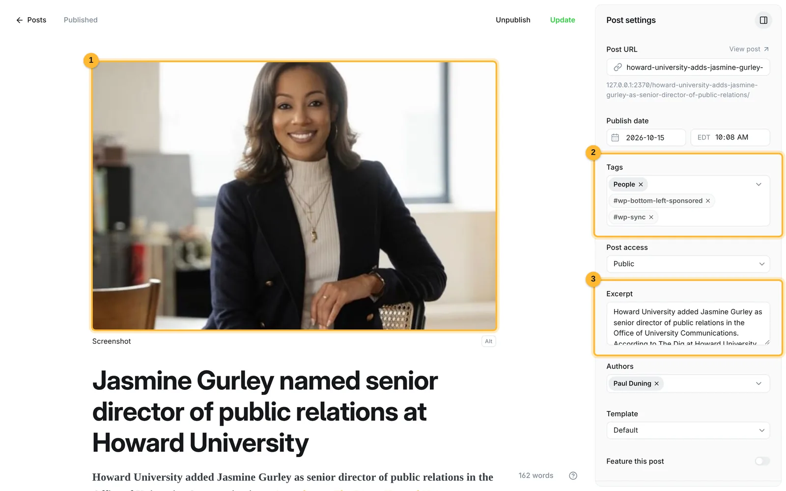 The Jasmine Gurley story open in the editor with settings showing People as the first tag