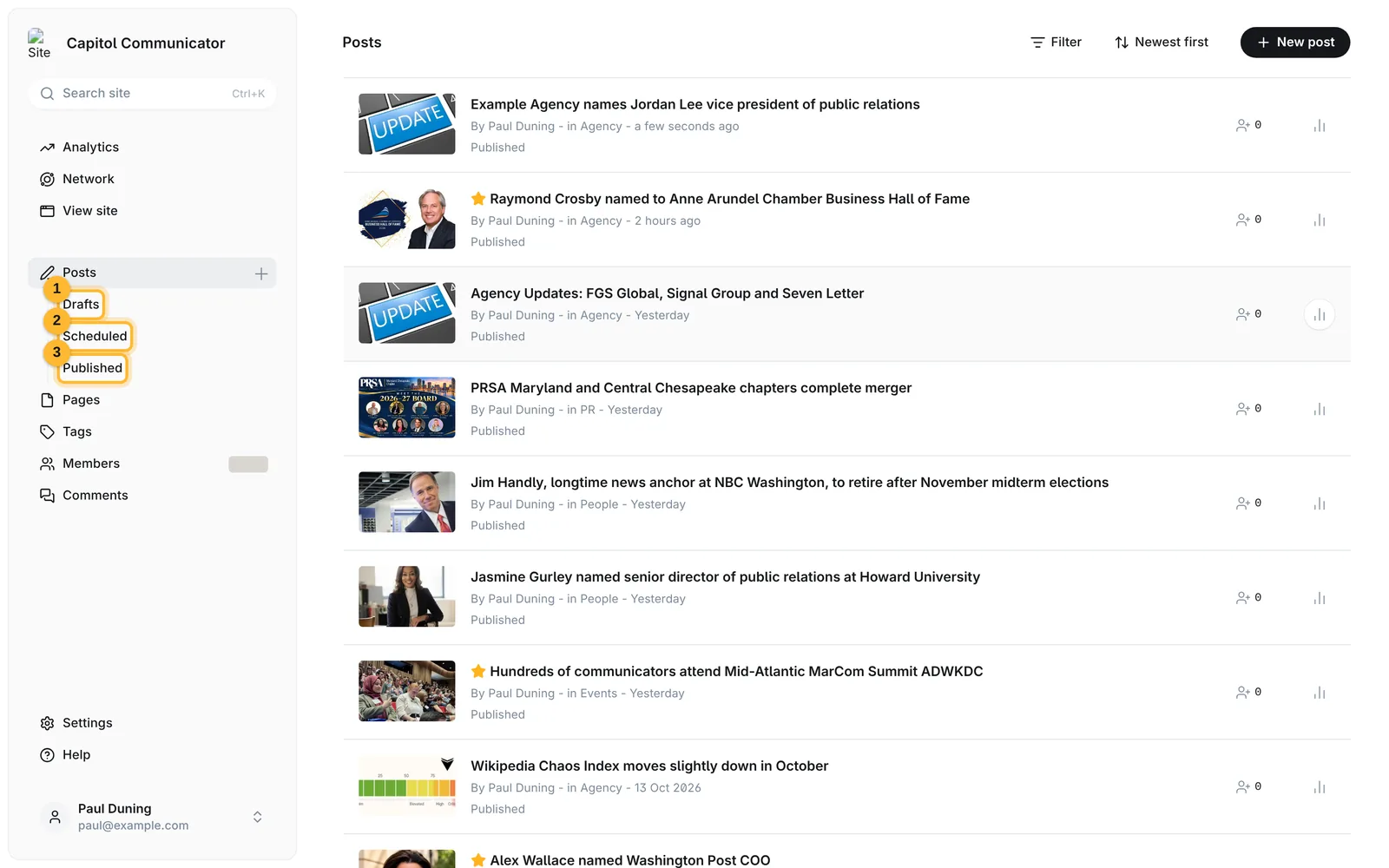 Posts list with the Drafts, Scheduled and Published links marked in the left column
