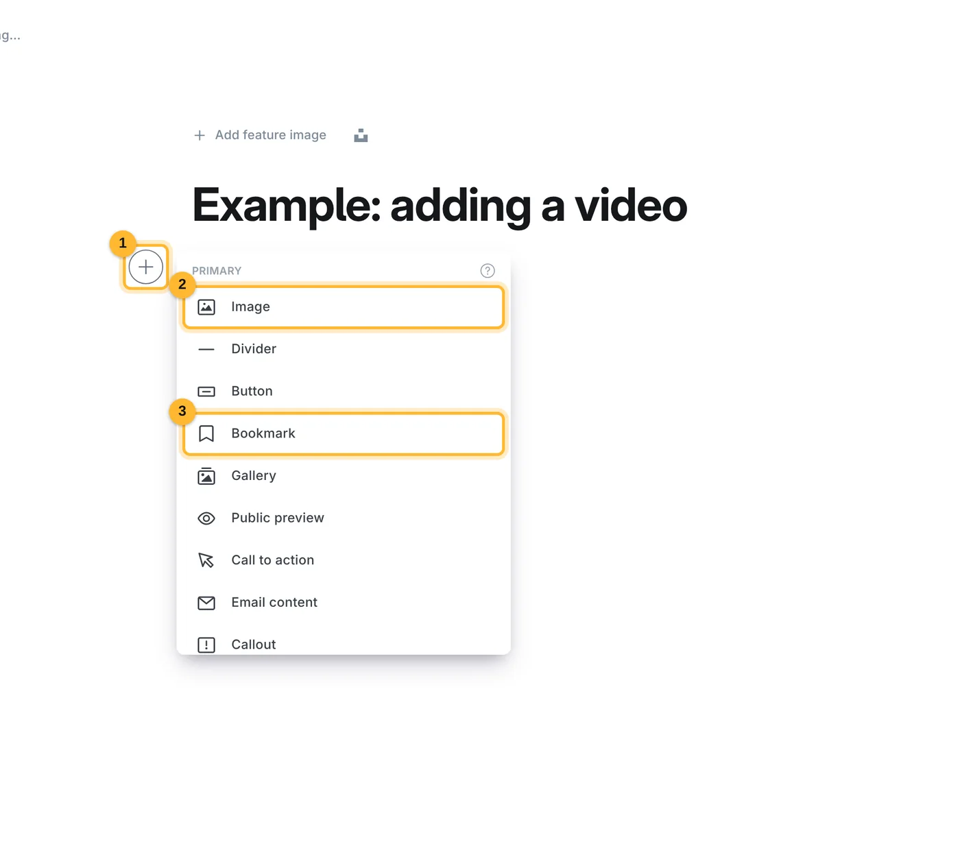 The editor's add-card menu with the plus button, Image and Bookmark marked