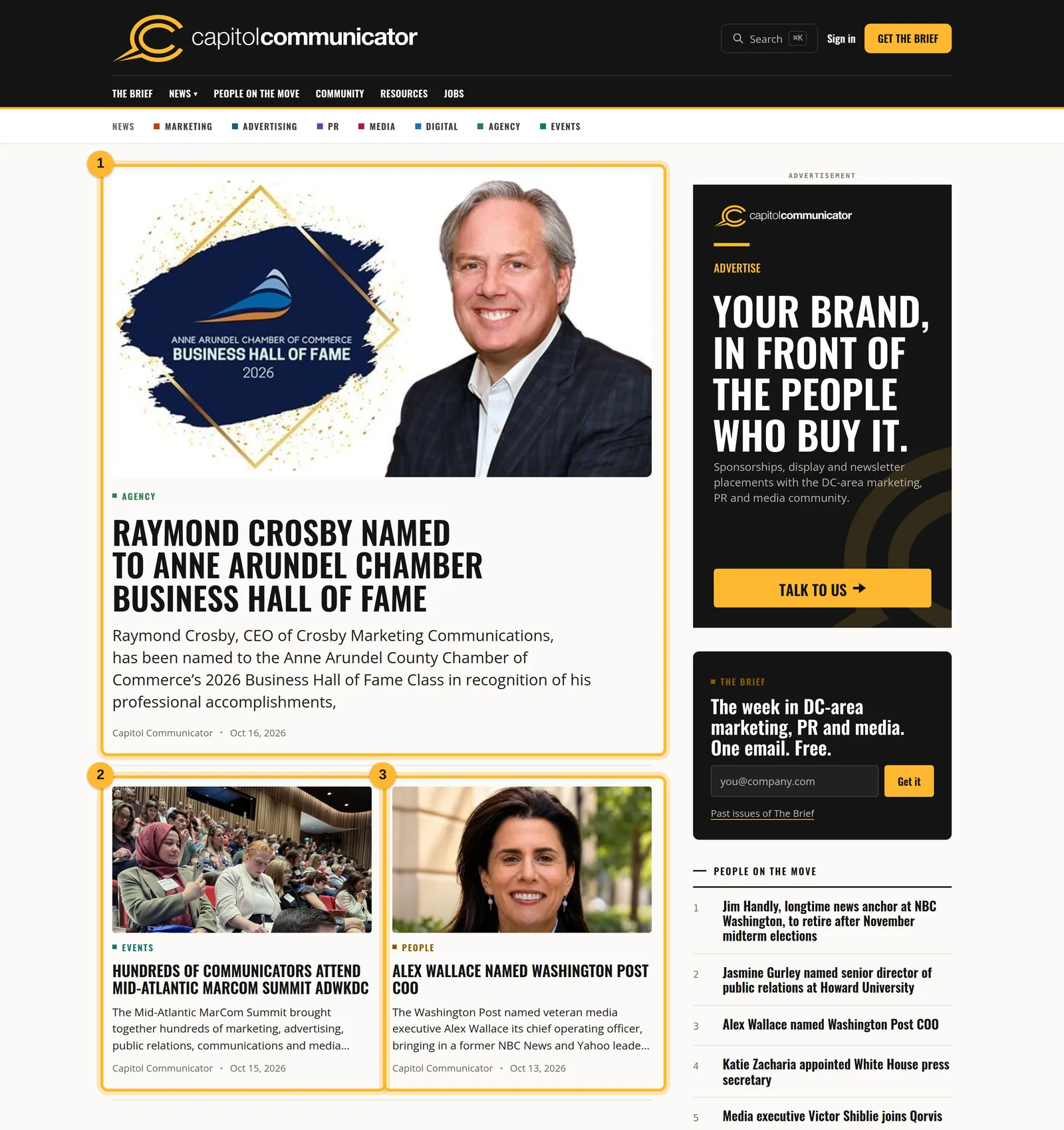The new site's homepage with the large lead story and the two cards under it marked