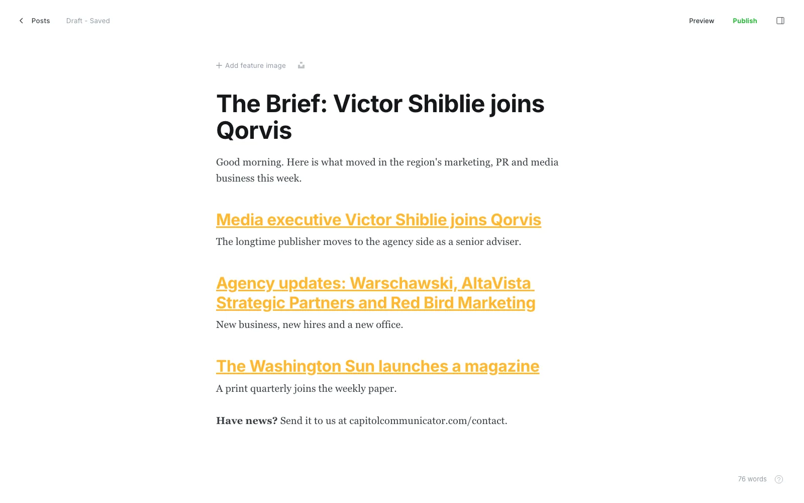 A Brief issue in the editor: a short opening line, then three linked headlines, each with one sentence under it