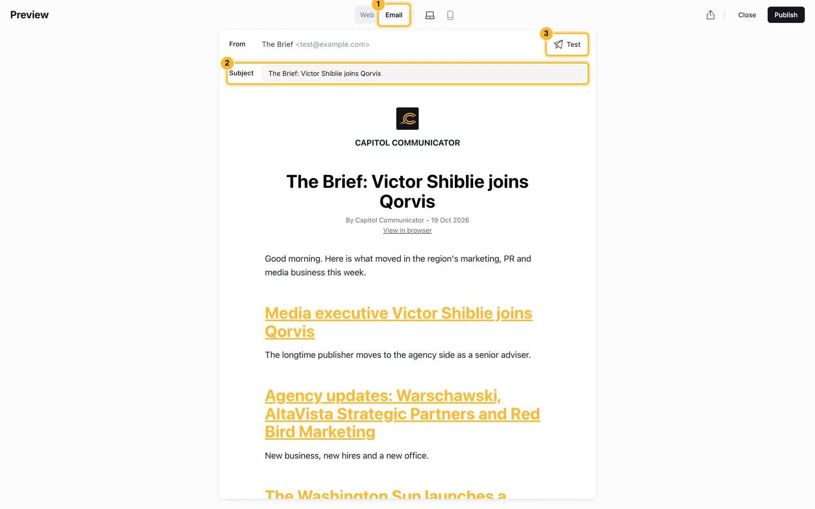 Preview of the issue as an email, with the Email tab, the Subject line and the Test button marked