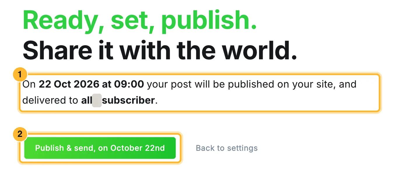 Final review saying the post will be published on the site and delivered to all subscribers on 22 October at 09:00, with the Publish and send button marked