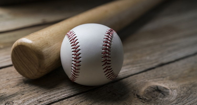 Baseball And Baseball Bat On Wooden Table Background, Close Up